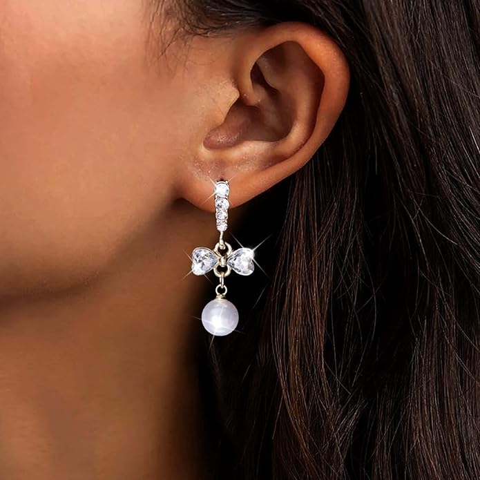 Vintage Crystal Pearl Dangle Earrings Rhinestone