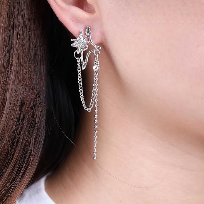 Vintage Crystal Northstar+Chain Drop Earrings Silver