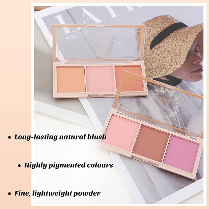 Boobeen 3 Color Blush Palette, Matte Pink Blusher, Smooth