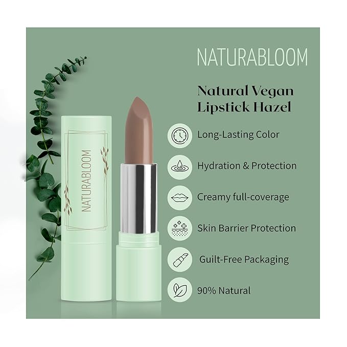 Vegan Lipstick (Hazel) - Sensational One-Stroke Long Lasting Lipstick from Natural Oils & Butters Full-Coverage Lip Color with Shea Butter & Coconut Extact - Premium Hydrating Lipsticks
