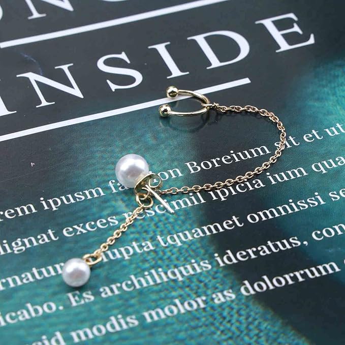 Vintage Pearl Cuff Chain Earrings Gold Chain Ear