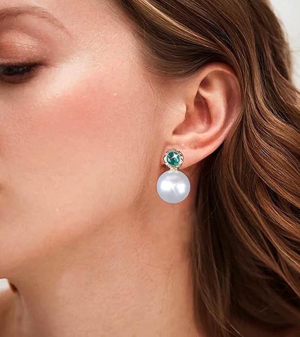 Vintage Emerald Pearl Earrings Gold Pearl Drop Earrings