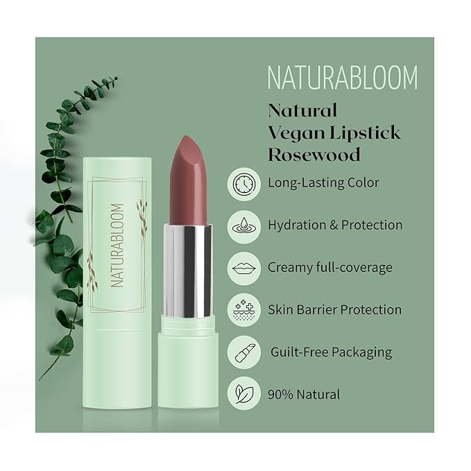Vegan Lipstick (Rosewood) - Sensational One-Stroke Long Lasting Lipstick from Natural Oils & Butters Full-Coverage Lip Color with Shea Butter & Coconut Extact - Premium Hydrating Lipsticks