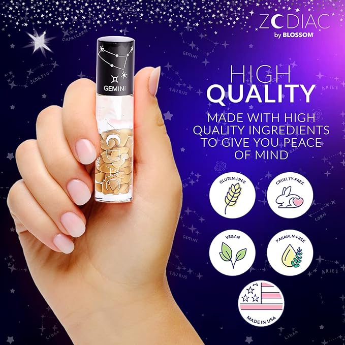Blossom Zodiac Sign Vanilla Scented Moisturizing Roll-On Lip Gloss with Crystals, Made in USA, 0.20 fl. oz./5.9ml, Gemini