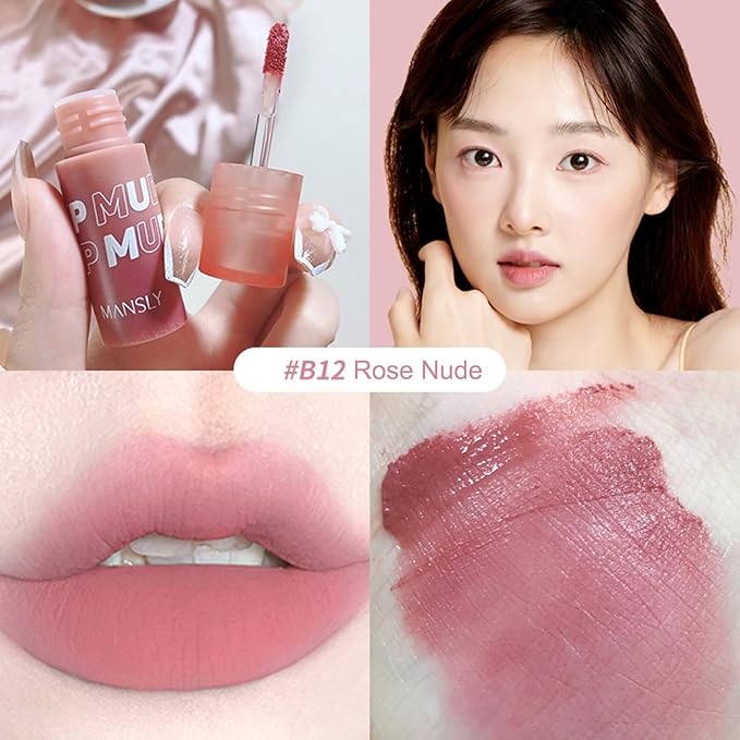 Matte Ink Lip Tint Stain, Lip Mud, Lasting Non-Stick Cup Matt Lip Gloss, Korean Liquid Lipcolor Makeup, Cheeky, Rose Nude Lipstick for Women (B12# Rose Nude)