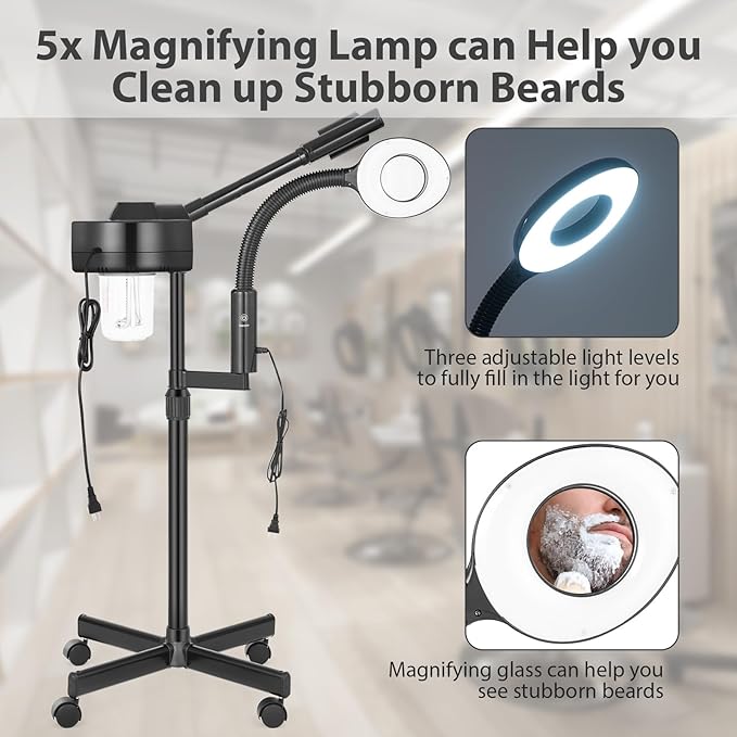 Professional Facial Steamer 2 in1 Steamer for Face 5X LED Magnifying Lamp Facial Steamer for Esthetician Beauty Face Equipment Use at Home or Salon(Black)