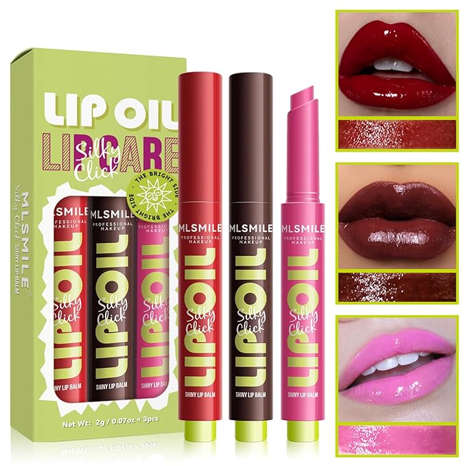 3 Colors Fat Lip Oil Slick Click Press Lipstick, Moisturizing Lip Balm Korean Shining Mirror Lip Gloss Nourishing Solid Lip Glaze, Plump Your Lips, High Pigmented Vegan Lip Oil Non-Sticky (C#)