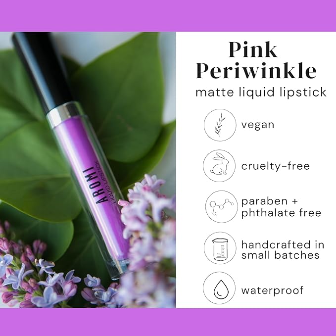 Aromi Pink Lilac Matte Liquid Lipstick | Bright Purple Lip Color, Smudge Proof, Waterproof, Long-lasting, Vegan, Cruelty-free (Pink Periwinkle)