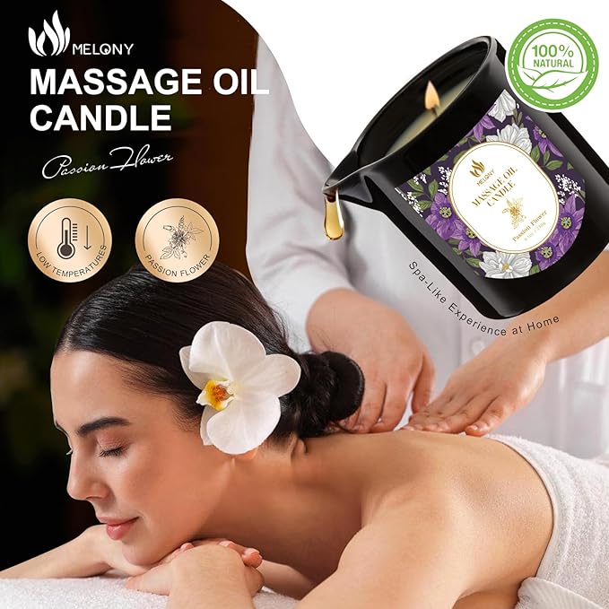 MELONY Massage Oil Candles, Essential Oil Candle Lotion, 8.1OZ/230g, Home Spa with Luxurious Body Oil, Intensive Skin Treatment Candle, Low Temp Body Safe Wax (Passion Flower)