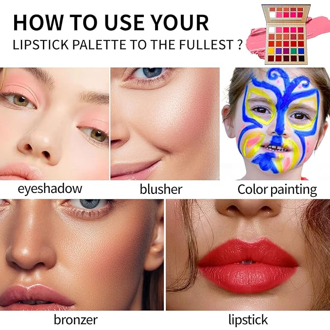 DE'LANCI Lipstick Palette Nude Red Peach Pink Shades 25 Color, Professional Moisturizing Lip Gloss, Long Lasting Soft Smooth Lipstick Pallet Waterproof, Pigmented Festival Halloween Body Face Paint