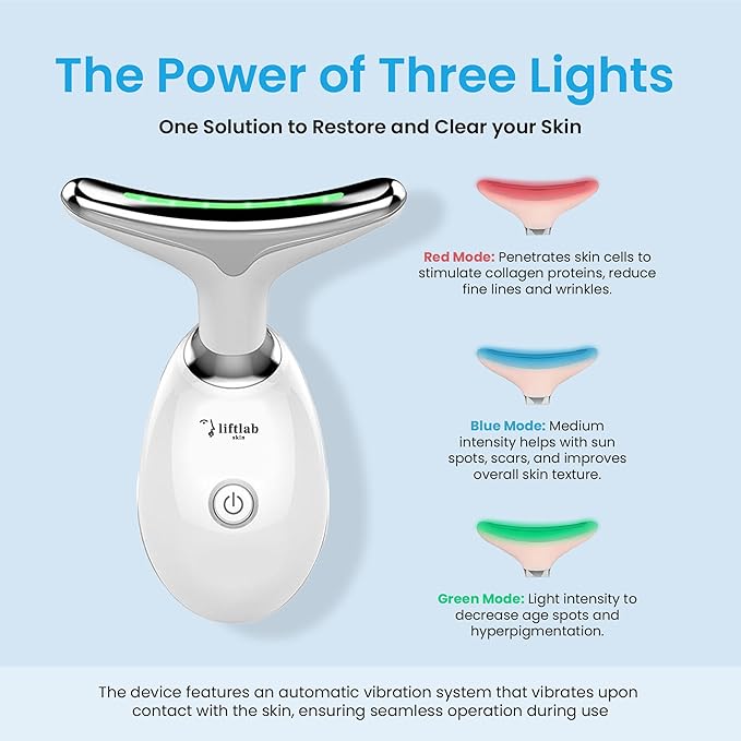 LiftLab Skin Sculptor - 3-in-1 LED Light Facial and Neck Massager - Rejuvenation, Relaxation & Firmness - Red, Blue & Green Light Modes - Portable, Ergonomic Design for Home Skincare