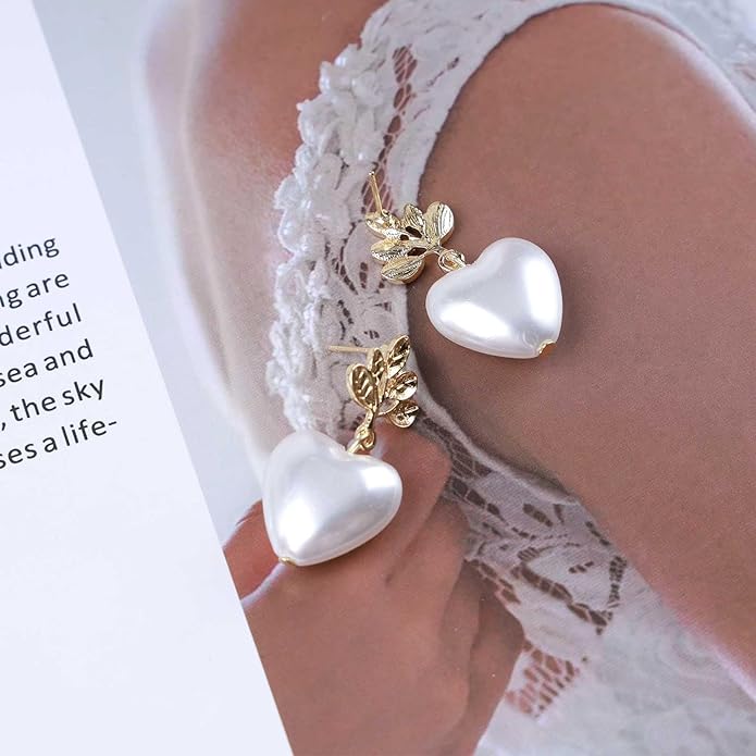 Vintage Pearl Heart Drop Earrings Gold