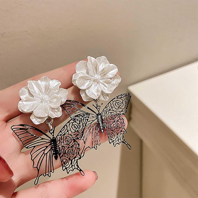 Vintage Black Butterfly Flower Drop Earrings