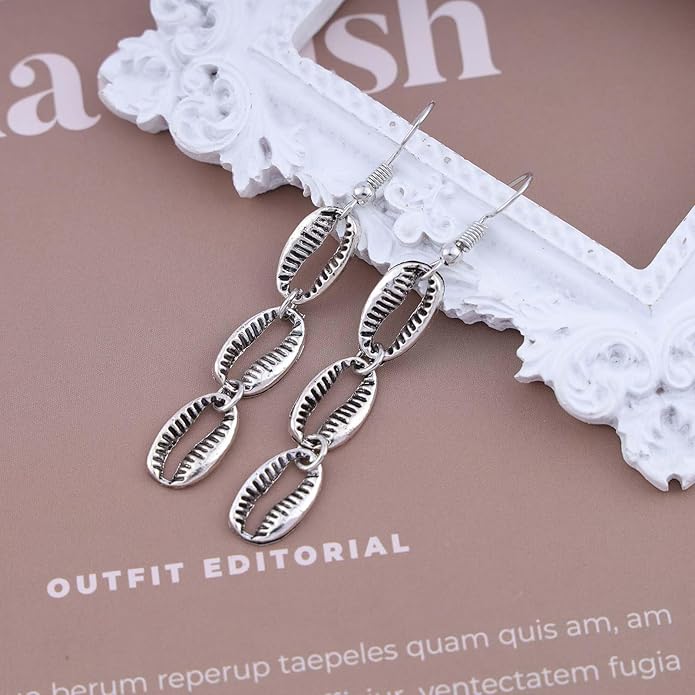 Boho Cowrie Shell Earrings Silver Shell