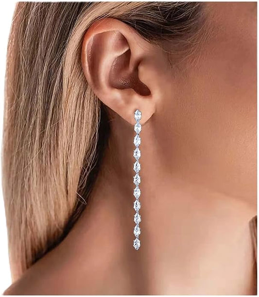 Vintage Rhinestone Chain Drop Earrings Silver Linear Crystal