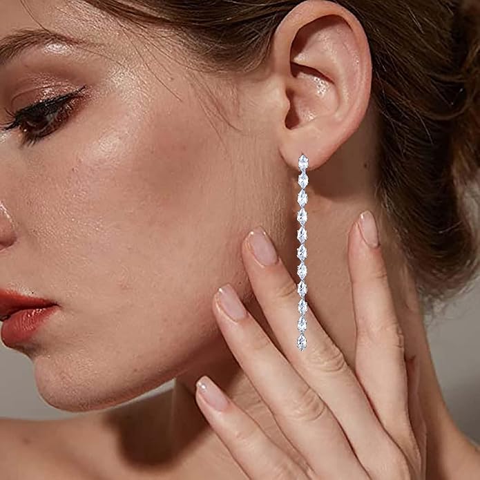 Vintage Rhinestone Chain Drop Earrings Silver Linear Crystal