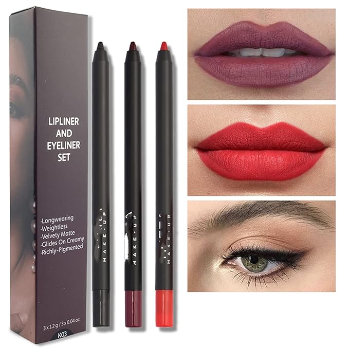 MAEPEOR Matte Lipliner and Eyeliner Kit 3 PCS Smoothly Creamy Lipliner and Eyeliner Pen Set for Daily Wear (3PCS Kit 3)