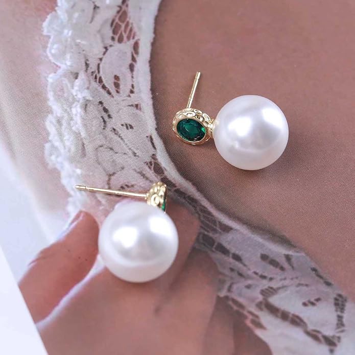 Vintage Emerald Pearl Earrings Gold Pearl Drop Earrings