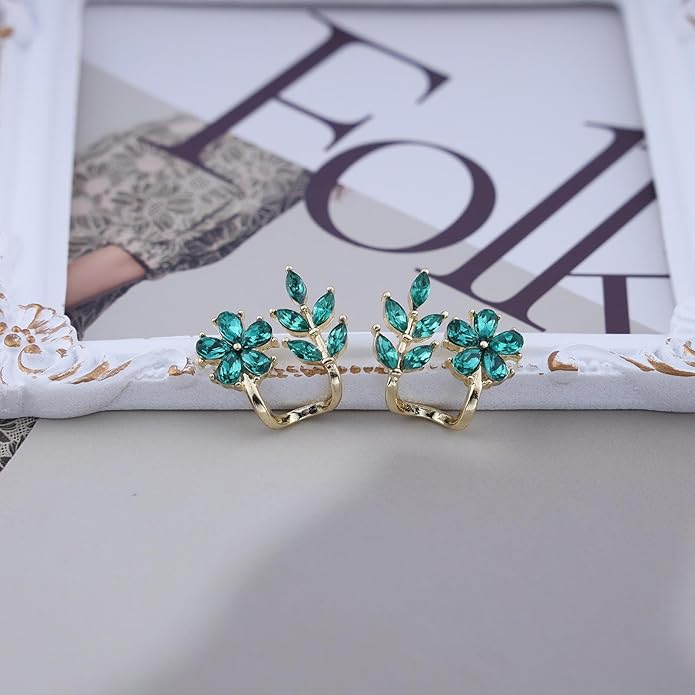 Vintage Emerald Flower Ear Cuff Earrings