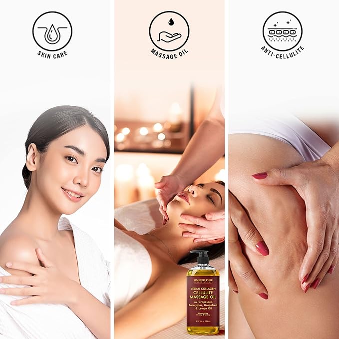 MAJESTIC PURE Anti Cellulite Massage Oil - with Vegan Collagen & Stem Cells, Cellulite Cream for Skin Tightening and Cellulite Remover in Thighs and Butt - 8 fl oz