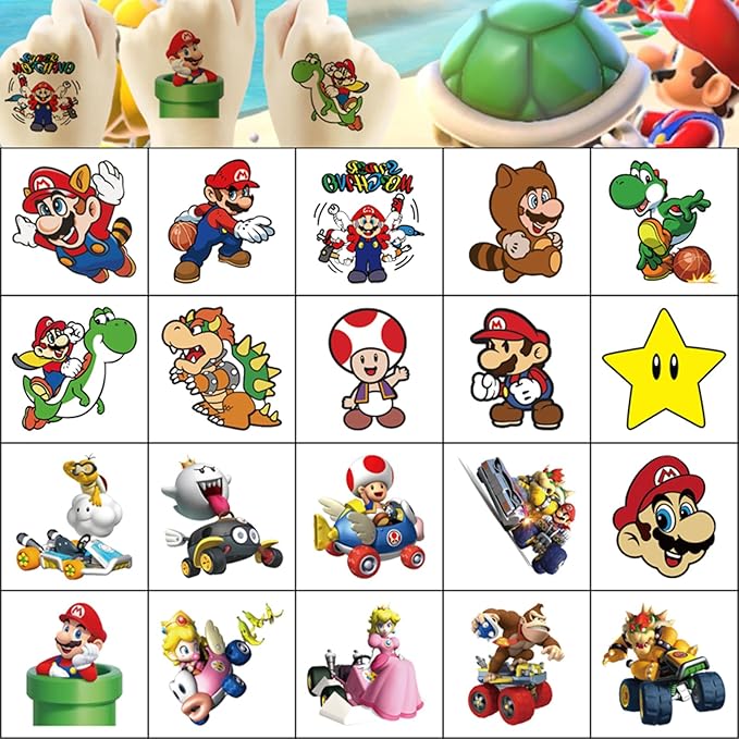 20 Sheets Super Mario Temporary Tattoos for Kids, Christmas Rewards