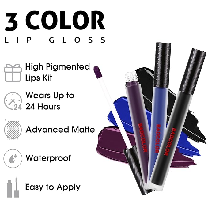 3 Colors Matte Liquid Lipstick Set, Black Blue Lipstick