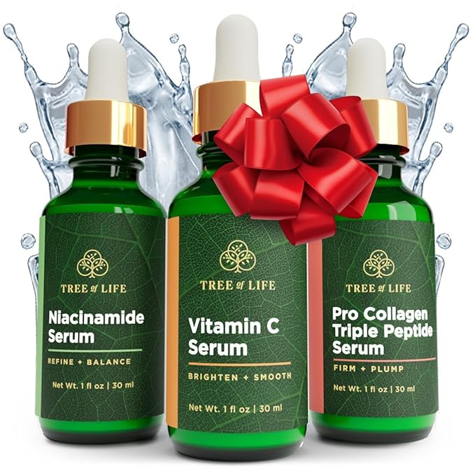 Tree of Life Beauty Skin Care Set, Brightening, Firming, Dry Face, Dermatologist Tested - Complete Hydration Trio, Vitamin C Serum, Niacinamide Serum, Pro Collagen Peptide Serum, 3 count of 1Fl oz