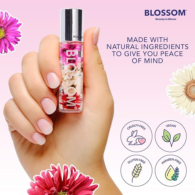 Blossom Scented Roll on Lip Gloss, Infused with Real Flowers, Made in USA, 0.3 fl. oz./9ml, 3 pack Gift Set, Candy Cane, Gingerbread, Sugar Cookie
