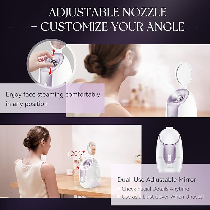 ANLAN Facial Steamer with Adjustable Makeup Mirror & Nozzle, 30s Fast Steam, Large Water Tank for Home Facial Spa, Anti-Dry-Burn & Anti-Slip Design, Face Steamer for Dry Skin - Hydrates & Opens Pores
