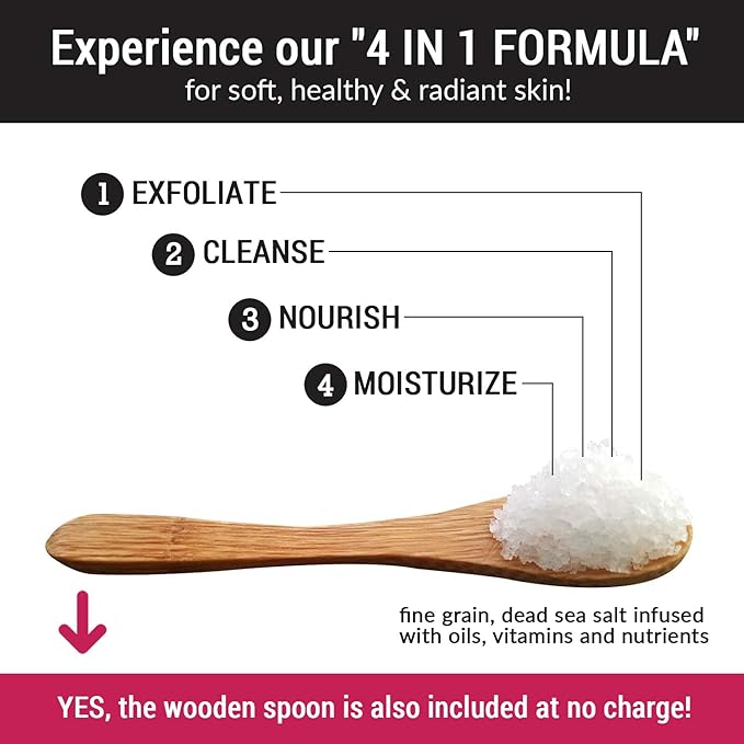 pureSCRUBS Premium Jasmine Body Scrub Set - Large 16oz Dead Sea Salt Body Scrub With Infused Essential Oils & Nutrients Includes Wooden Spoon, Loofah & Oatmeal Exfoliating Bar Soap