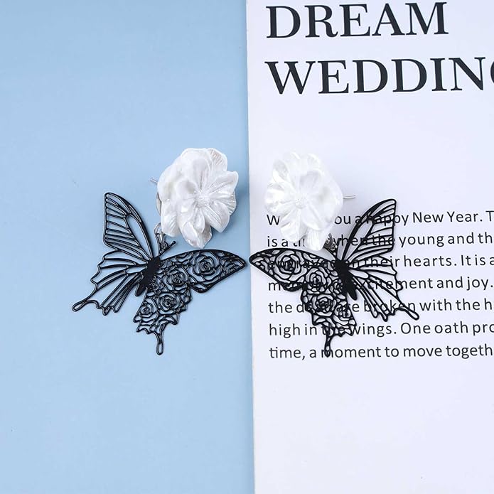 Vintage Black Butterfly Flower Drop Earrings