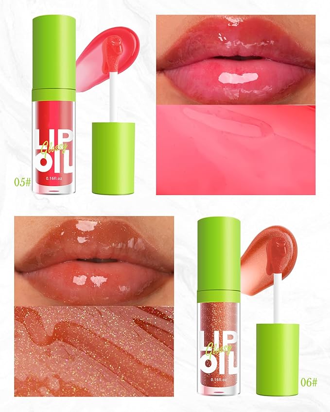 Fat Oil Lip Gloss-2Pcs Hydrating Lip Glow Oil Lipgloss, Tinted Clear Plumping lip Gloss, Shimmer Red Jelly Lip Glaze, Big Brush Head Lip Stain Oil, Long Lasting Non-sticky Vegan Makeup for Women-5+6