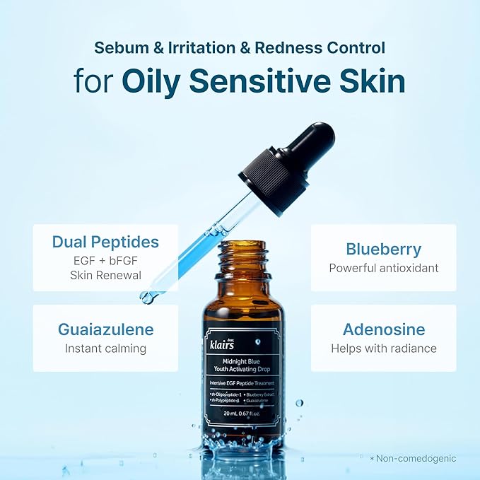 DearKlairs Midnight Blue Youth Activating Drop, 0.67 fl oz (20 ml) | Breakout Care & Sebum Control, Dual EGF, Peptides, Guaiazulene, Adenosine, Lightweight, Oily Skin