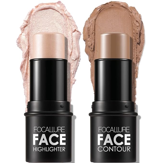 FOCALLURE 2 Pcs Mineral Cream Contour Stick,Moisturize Highlighter Illuminator Makeup,Light-medium