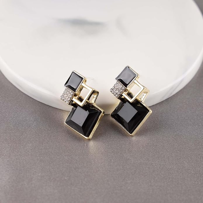 Vintage Crystal Square Drop Earrings Black Square Stud