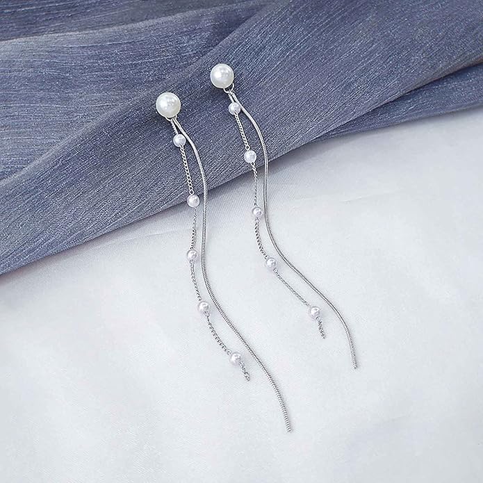 Vintage Pearl Dangle Earrings Long Pearl Chain Earrings