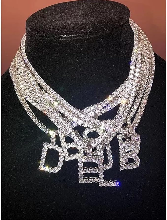 Silver Choker Necklace Rhinestones Shinning Letter