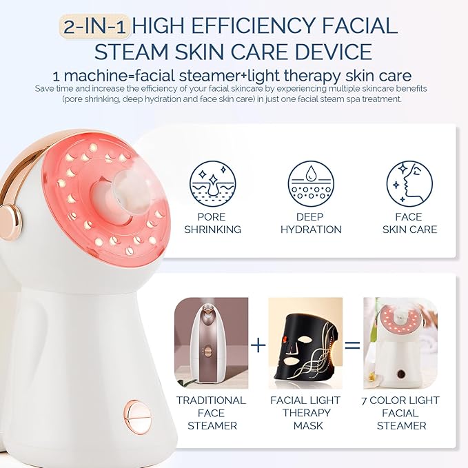Facial Steamer,with 7 Colors Led Light,Face Steamer for Facial Deep Cleaning,Warm Mist Nano Ionic Steamer for Face Spa Kit,Face Humidifier,Facial Sauna Use at Home, Gift for Women(Rosegold with Light)