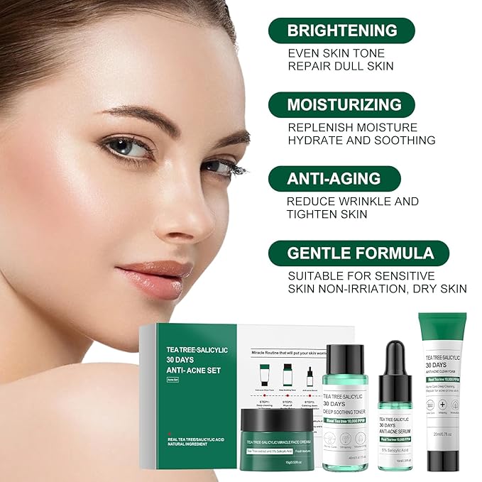 Skincare Mini Kit, Tea Tree Skin Care Sets & Kits, Acne Skincare Set Gifts, Anti Acne Facial Kit Gifts for Women,Cleanser, Toner, Serum, Cream,Oil Control Facial Kit, Airplane Friendly Sizes