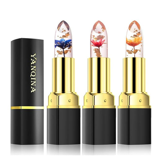 Lipstick for Women 3Pcs,Flower Jelly Lipstick Set,Temperature Change Change