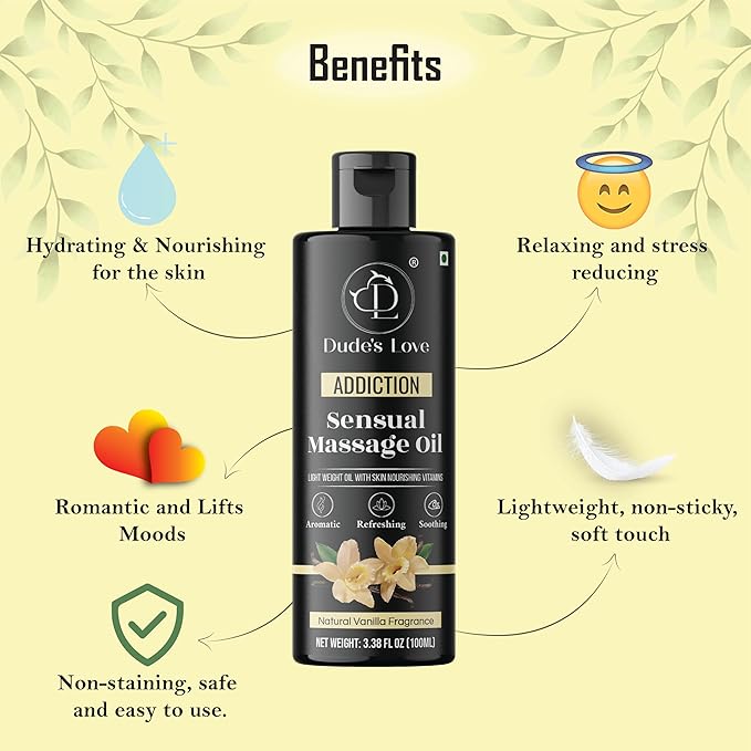 Organic - Sensual Delights -Vanilla Massage Oil - No Stain & Non-Sticky | with Fractionated Coconut Oil, Natural Vanilla & Jasmine | Nourish & Moisturise Skin for Date Night