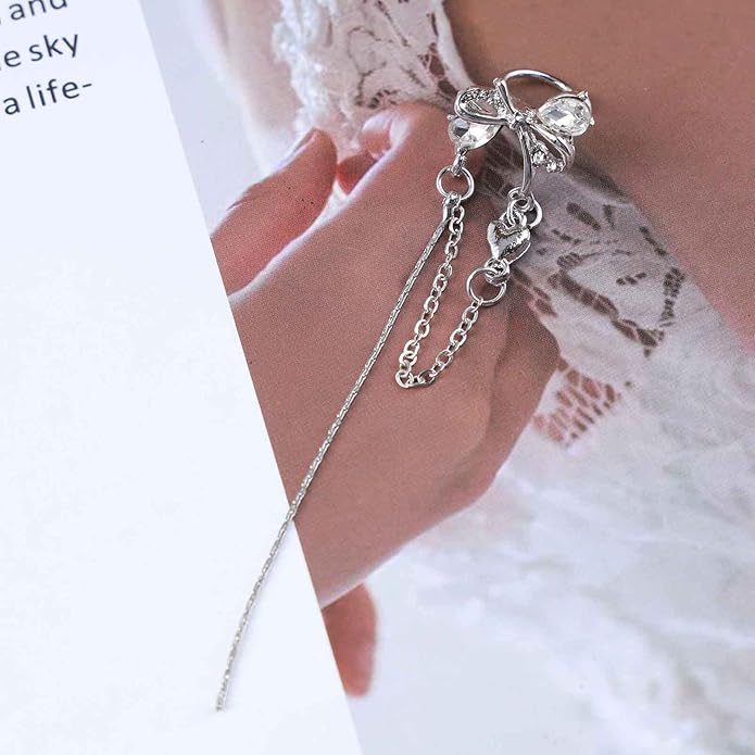 Vintage Crystal Bow Ear Cuff Earrings Rhinestone Bow