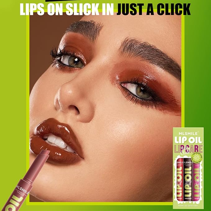 3 Colors Fat Lip Oil Slick Click Press Lipstick, Moisturizing Lip Balm Korean Shining Mirror Lip Gloss Nourishing Solid Lip Glaze, Plump Your Lips, High Pigmented Vegan Lip Oil Non-Sticky (C#)