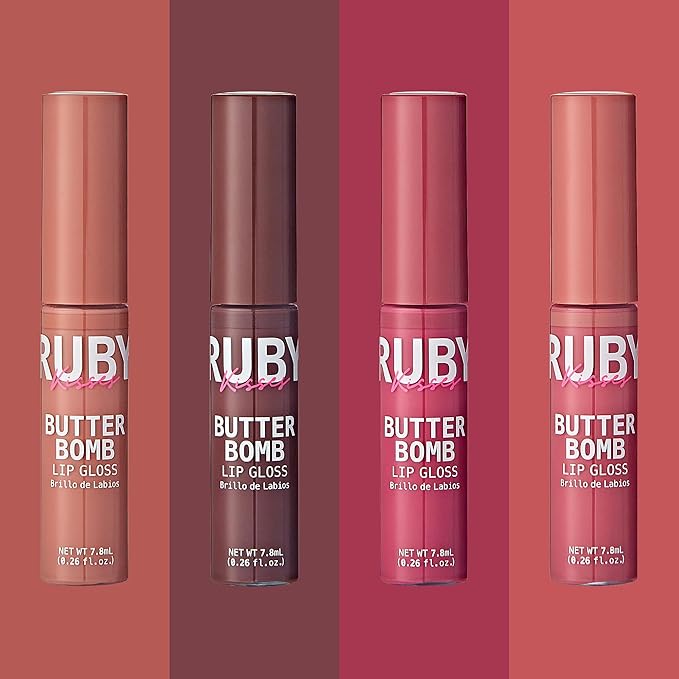 Ruby Kisses Lip Gloss Butter Bomb Gloss Non-Sticky Lip Gloss Vitamin E Natural Nude Lip Makeup - 7.8mL (0.26 US fl.oz) (Nude, Tantalize, Blushing, Sublime)