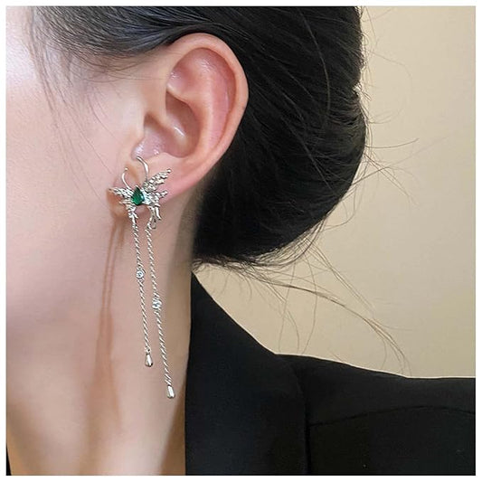 Vintage Emerald Butterfly Earrings Silver Chain