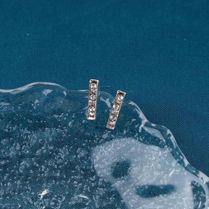 Geometric Crystal Bar Earrings Silver Cz