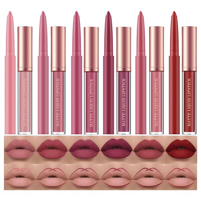 URQT 12pcs Lip Liner and Lipstick Makeup Set, 6 Velvety Matte Liquid Lipsticks + 6 Matching Smooth Lip Liner One Step Lips Makeup Kits Waterproof Long Lasting Matte Lipstick Gift Set (Set B, 12)