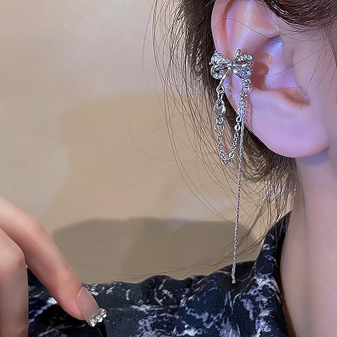 Vintage Crystal Bow Ear Cuff Earrings Rhinestone Bow