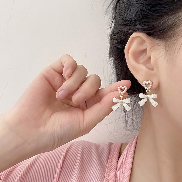 Vintage Pearl Bow Dangle Earrings Pearl