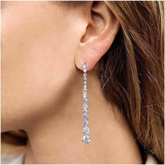 Vintage Rhinestone Chain Drop Earrings Silver Linear Crystal